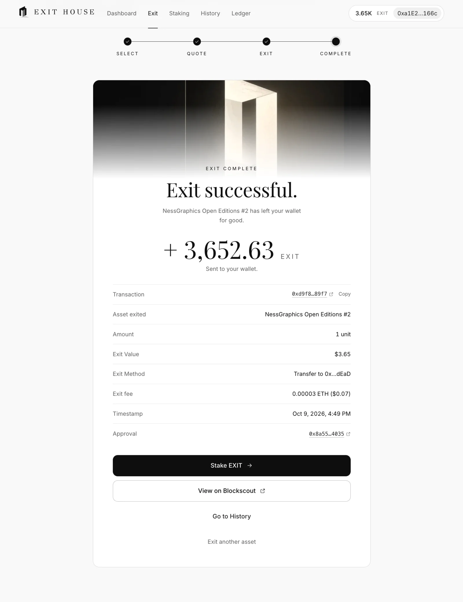 Exit complete: the edition has left the wallet and 3,652.63 EXIT has arrived, with the transaction, exit value, exit method, fee and timestamp listed below