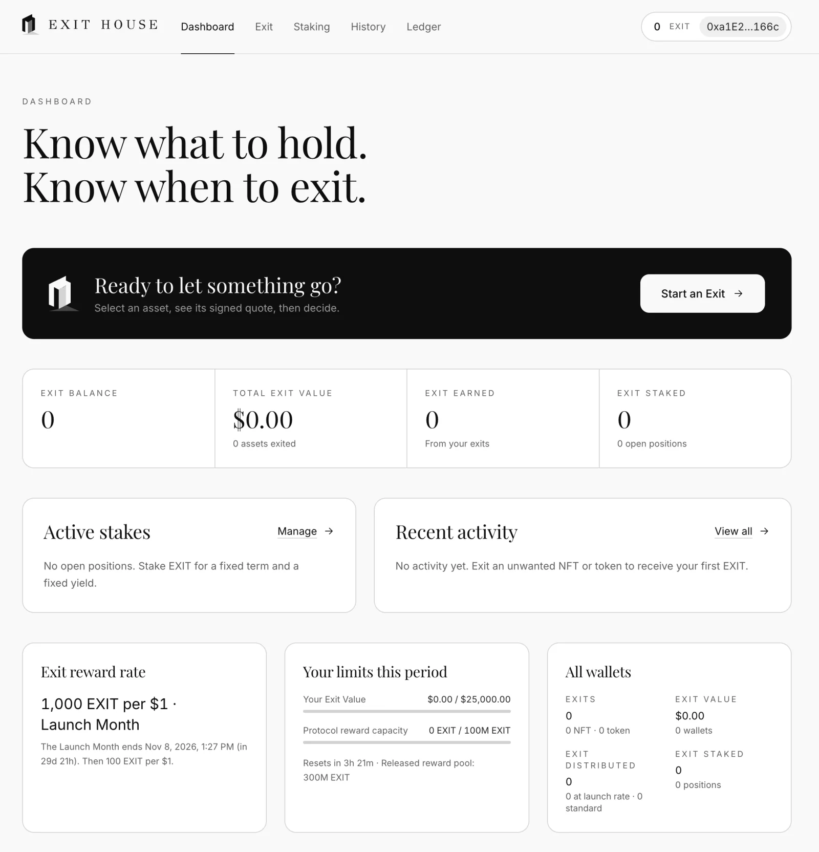 The EXIT HOUSE dashboard with a connected wallet: an EXIT balance of 0, the Start an Exit button, and cards for the reward rate and the period's limits