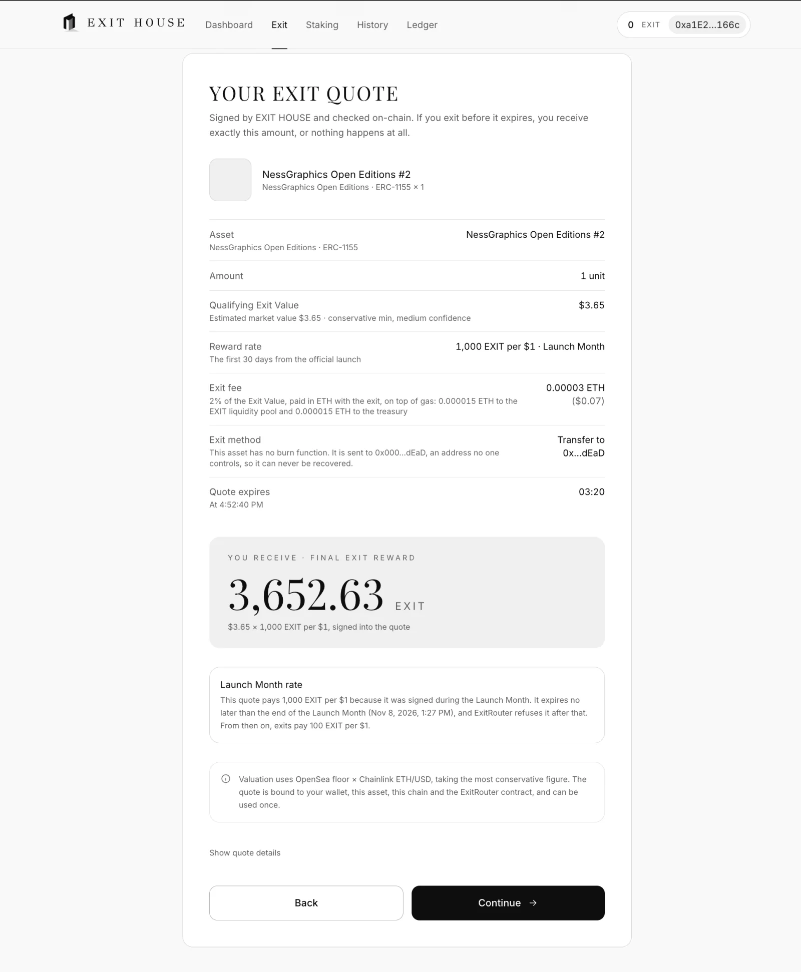 Your exit quote: $3.65 of qualifying value at 1,000 EXIT per $1 in the Launch Month, a fee of 0.00003 ETH, a transfer to 0x…dEaD, a countdown to expiry, and a final reward of 3,652.63 EXIT