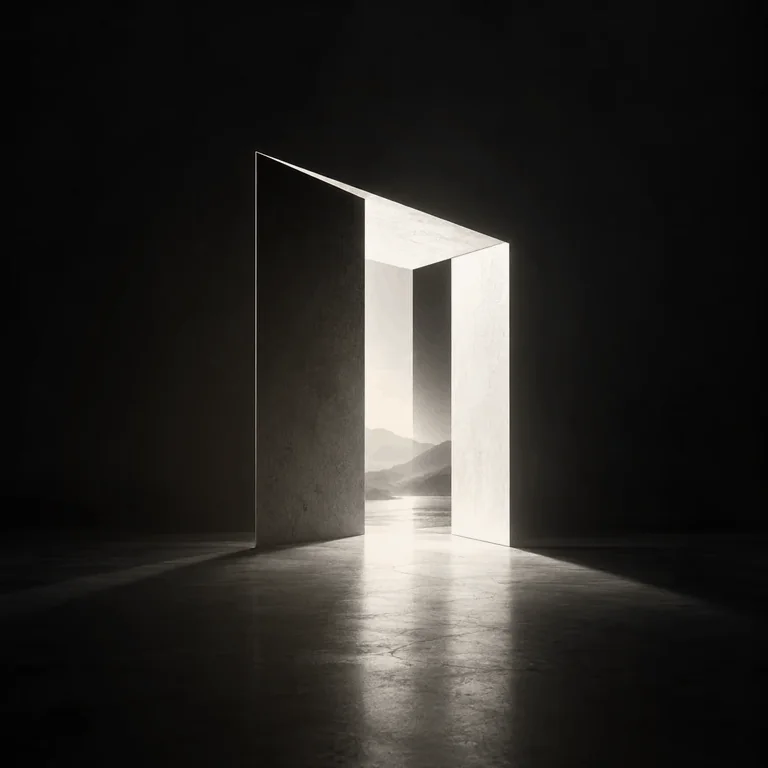 An open doorway in a dark concrete room, light passing across it, a mountain lake beyond